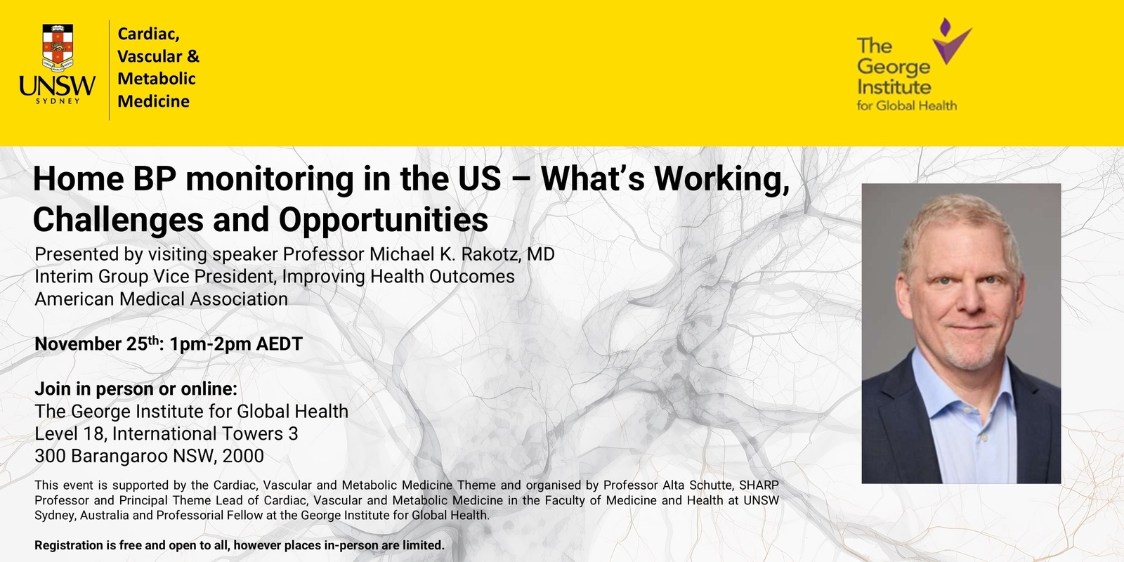 Banner image for Home BP monitoring in the US – What’s Working, Challenges and Opportunities - Presented by Professor Michael K. Rakotz