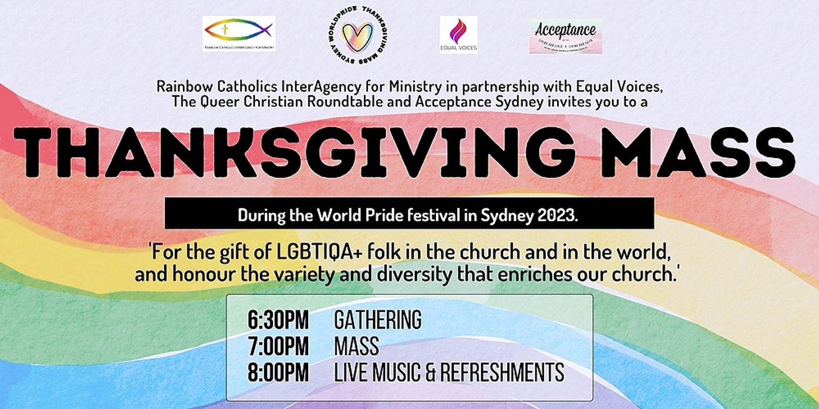 Banner image for Thanksgiving Mass - for the gift of LGBTQIA+ Folks in our world!