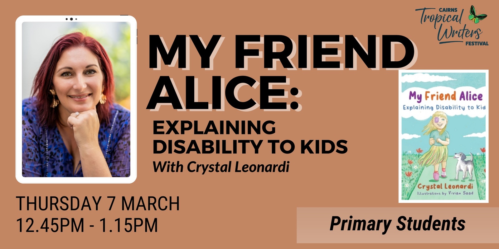 Banner image for SCHOOL PROGRAM:  My Friend Alice: Explaining Disability To Kids //  Delivered by Crystal Leonardi