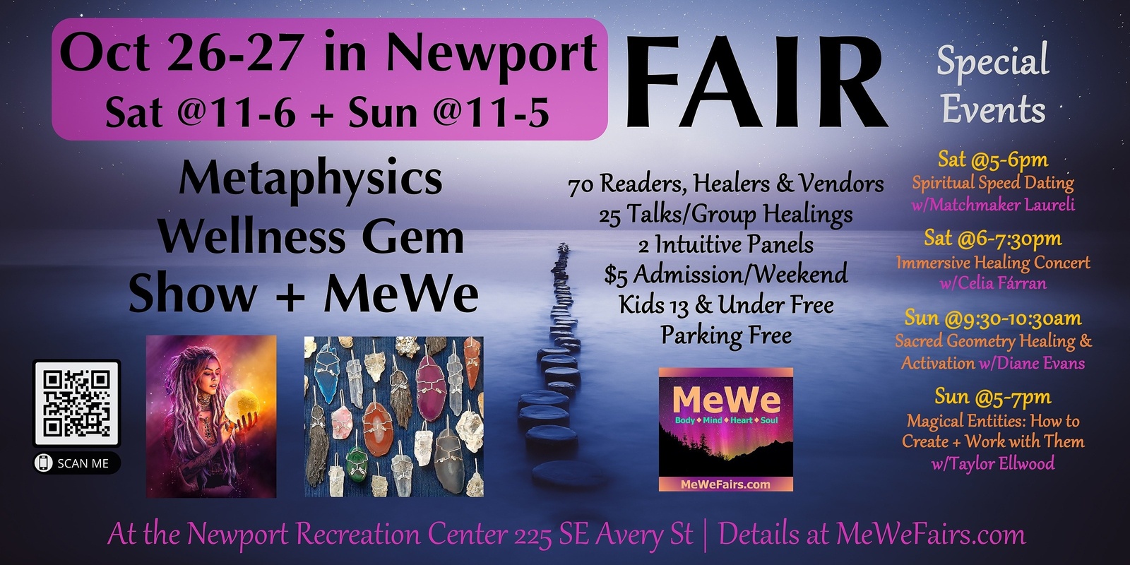 Banner image for Metaphysics & Wellness MeWe Fair + Gem Show in Newport, 70 Booths, 25 Talks 10/26-27/24