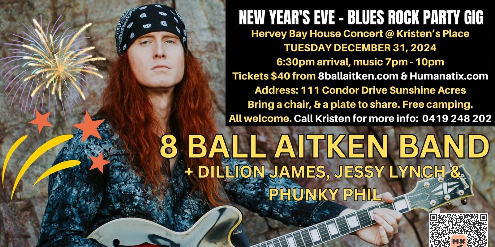 Banner image for New Year’s Eve, Hervey Bay House Concert @ Kristen’s Place. 8 Ball Aitken Band, Dillion James, Jessy Lynch, + Phunky Phil