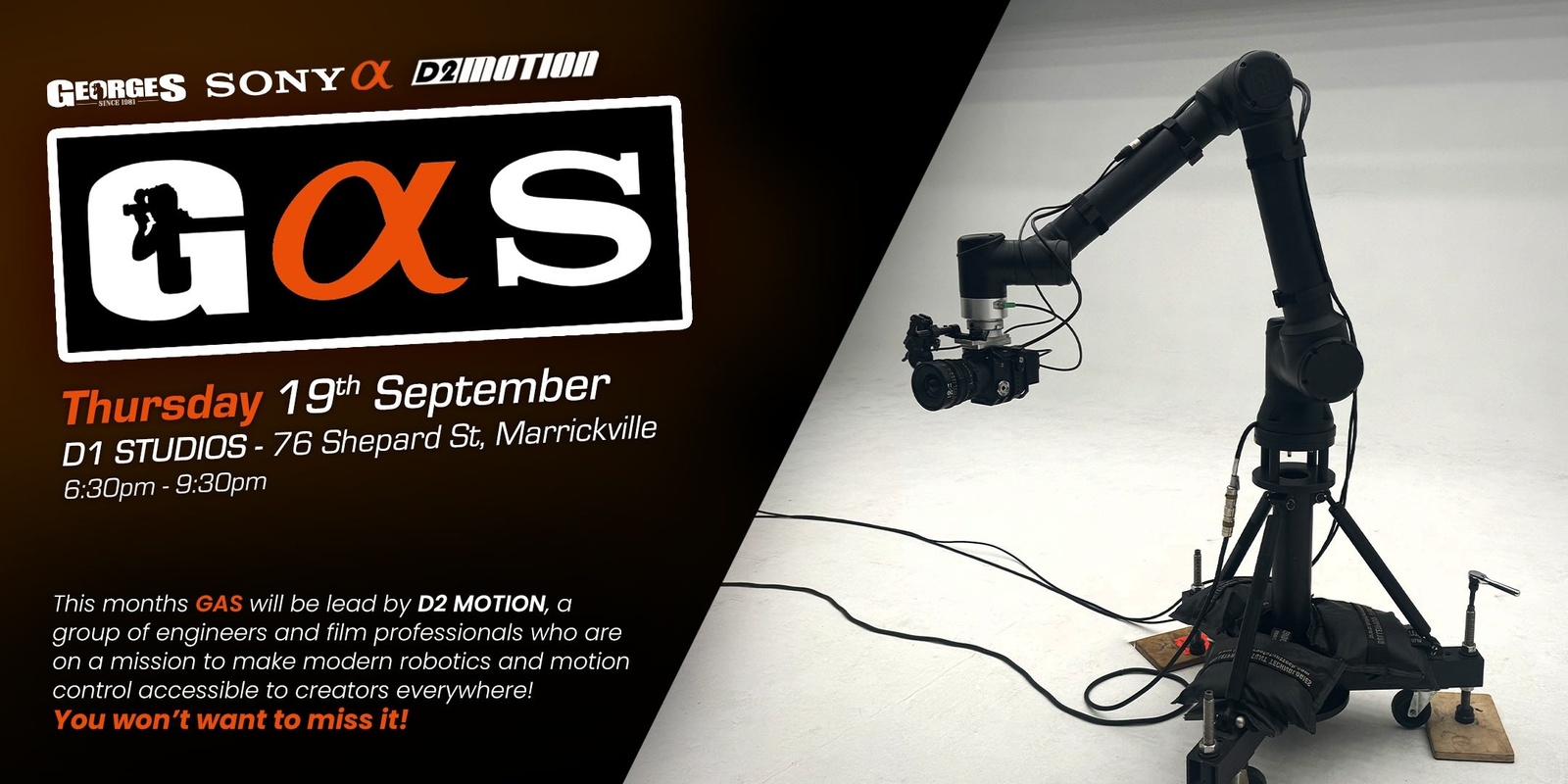 Banner image for GAS — WITH D2 MOTION (Georges Cameras & Sony Cinema Event Night)