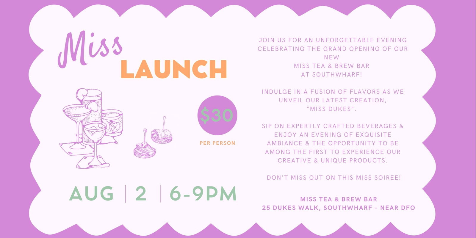 Banner image for LAUNCH OF "MISS TEA & BREW BAR" - RELEASE OF "MISS DUKES" GIN & VODKA