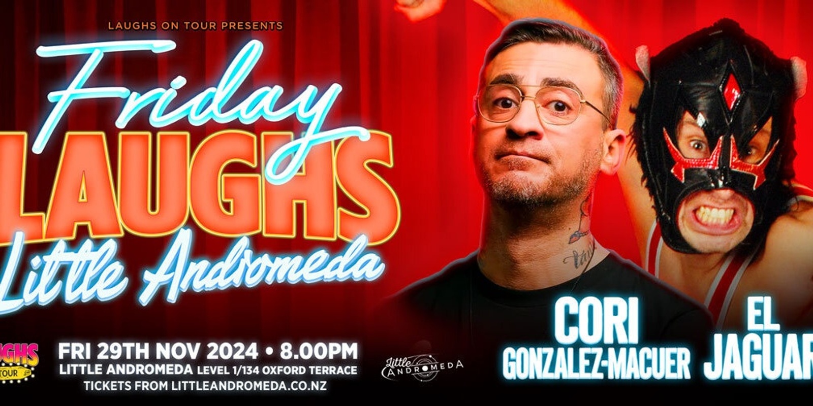 Banner image for Friday Laughs with El Jaguar and Cori Gonzalez-Macuer