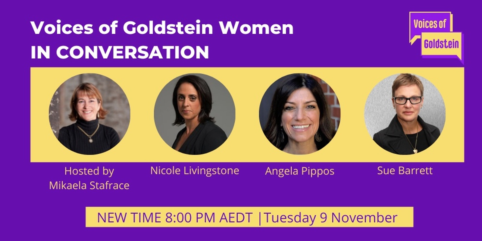 Banner image for Voices of Goldstein Women | In conversation with Nicole Livingstone, Angela Pippos and Sue Barrett