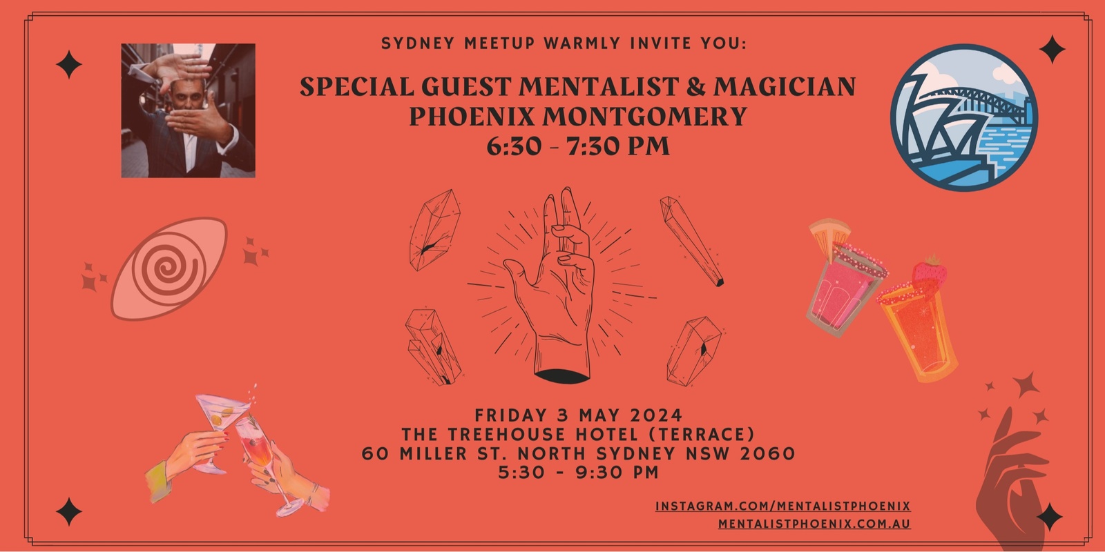 Banner image for FREE Sydney Meetup: Drinks at The Treehouse Hotel (Terrace) + 🔮✨ SPECIAL GUEST Magician & Mentalist✨🎩