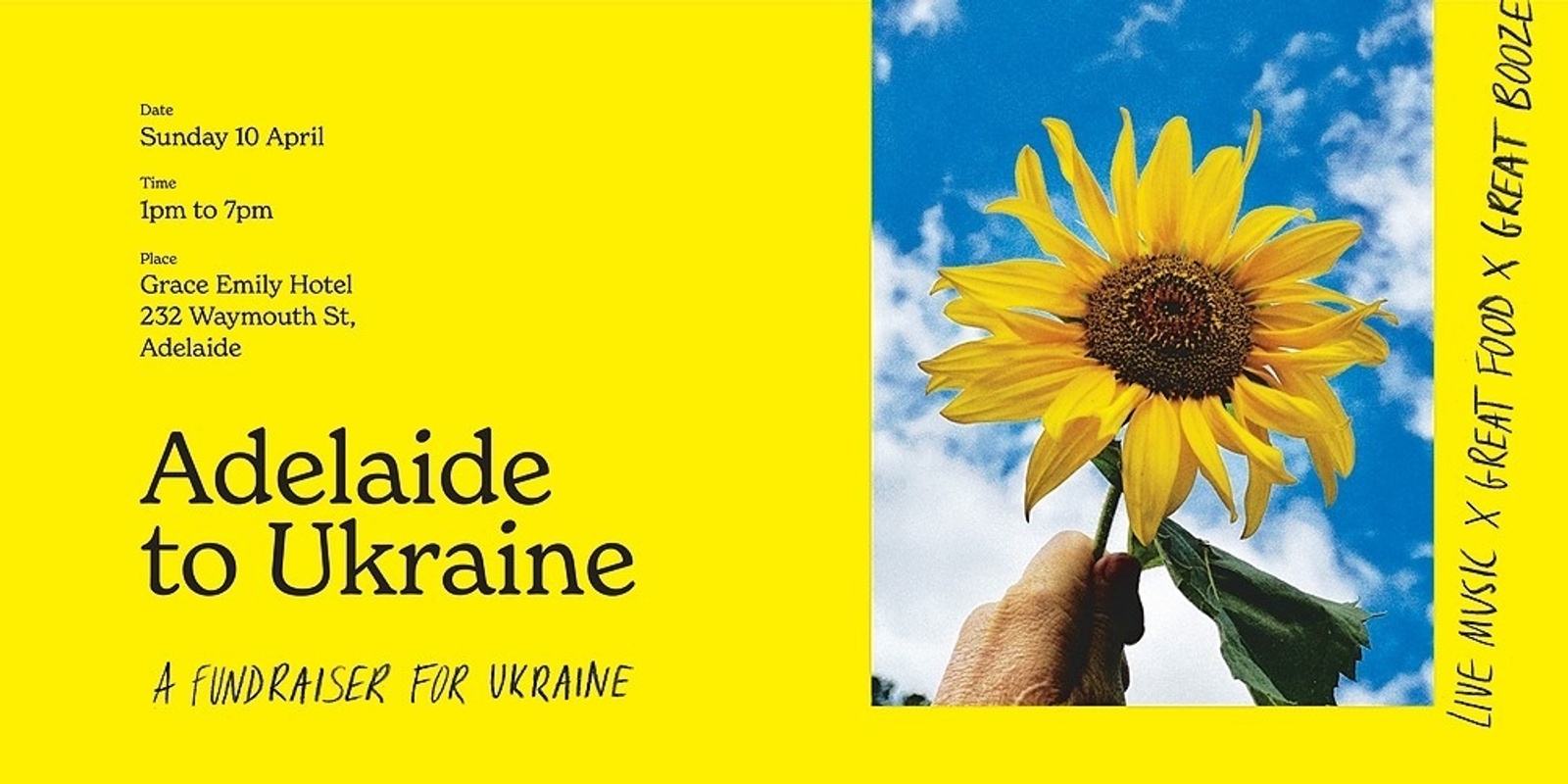 Banner image for ADELAIDE TO UKRAINE - A fundraiser for Ukraine - with Africola, Grace Emily, Ochota Barrels and more