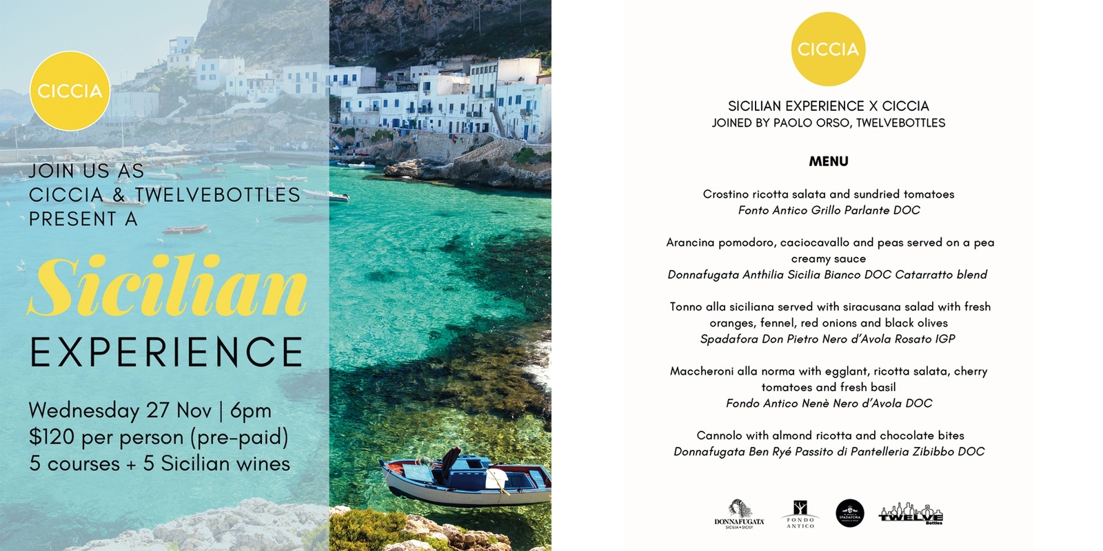 Banner image for Sicilian Experience - Wine & Food event, CICCIA & TWELVEBOTTLES