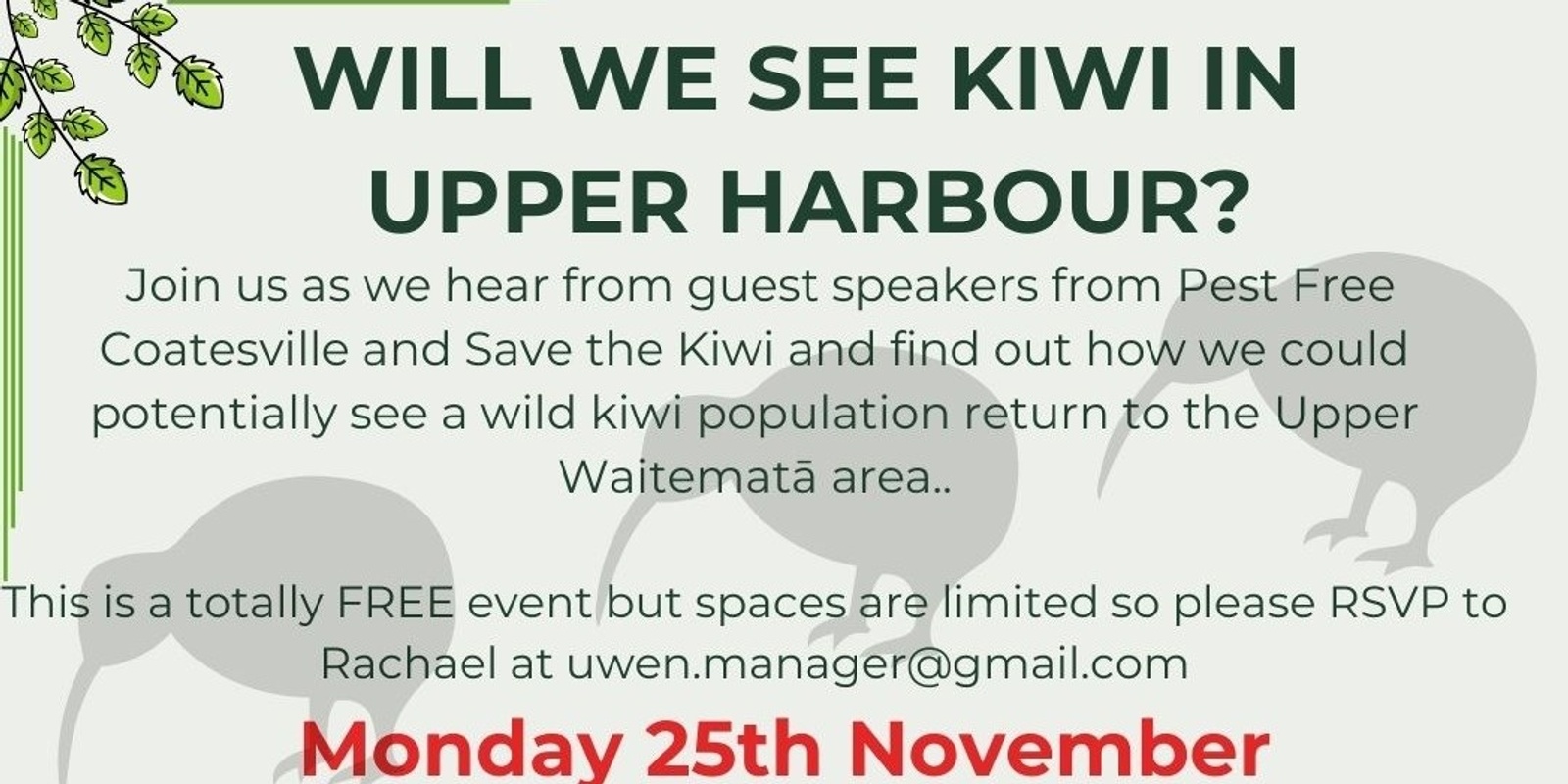 Banner image for Will we see kiwi in Upper Harbour?