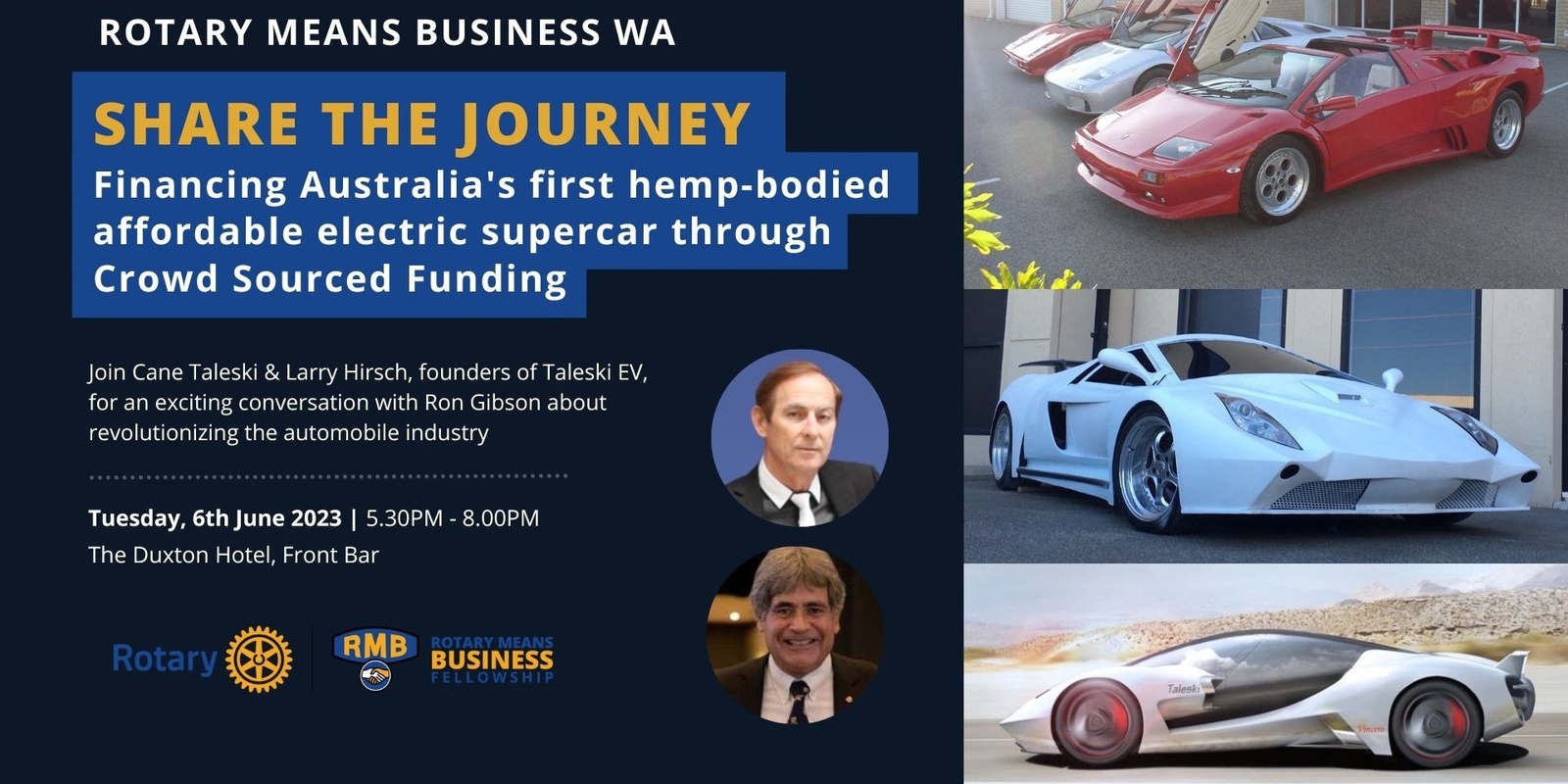 Banner image for Rotary Means Business - LARRY HIRSCH - Crowd Source Funding the first WA Hemp-Bodied Electric Supercar