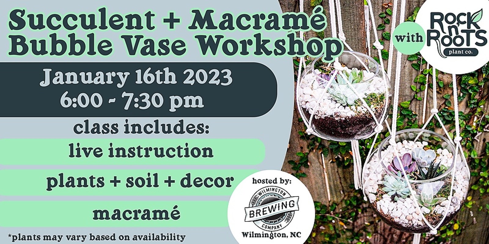 Banner image for Macrame + Succulent Bubble Vase Workshop at Wilmington Brewing Company (Wilmington, NC)
