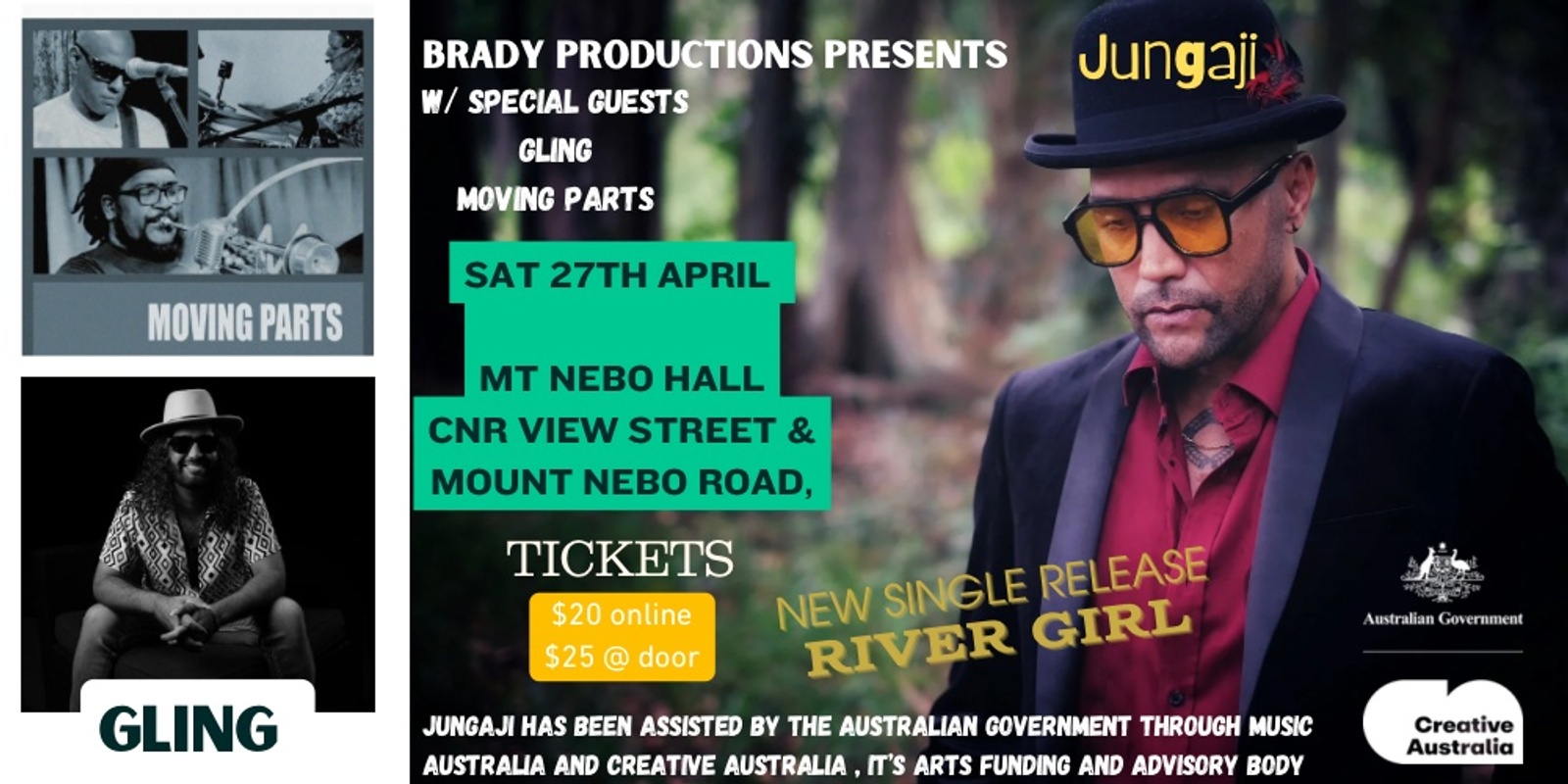 Banner image for Jungaji + River Girl release w/Moving Parts & Gling - Mt Nebo Hall