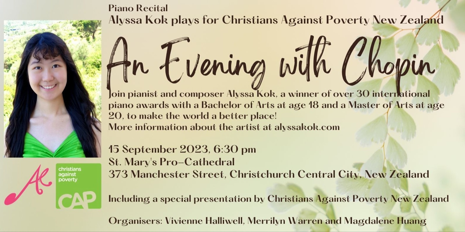 Banner image for Piano Recital by Alyssa Kok for Christians Against Poverty New Zealand