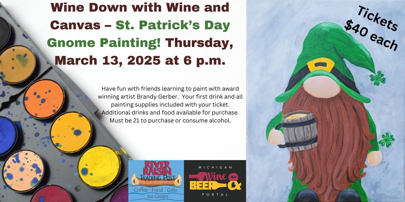 Banner image for Wine Down with Wine and Canvas – St. Patrick’s Day Gnome Painting! Thursday, March 13, 2025 at 6 p.m. at the Michigan Wine and Beer Portal!