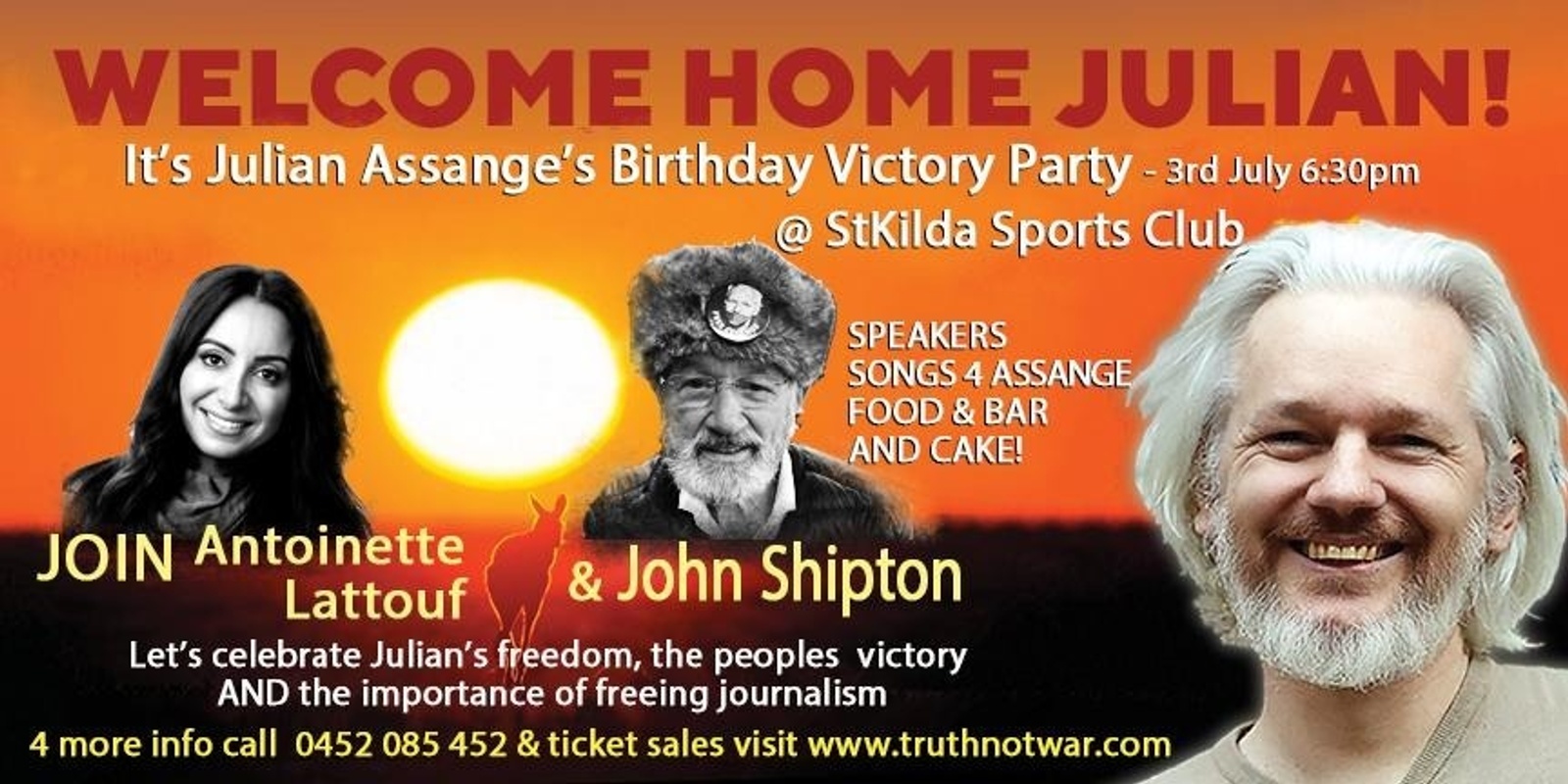 Banner image for Victory Party: Julian Assange Is Free! Celebrate his 53rd birthday with his father, John Shipton