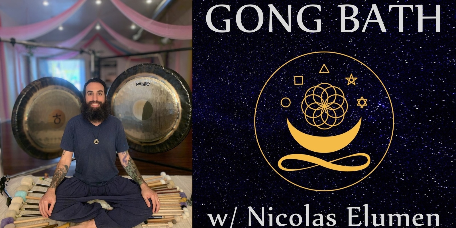 Banner image for Gong Bath with Gongs, Drums, Singing Bowls, Sacred Geometry, Reiki w/ Nicolas Elumen in Portland after the MeWe Fair