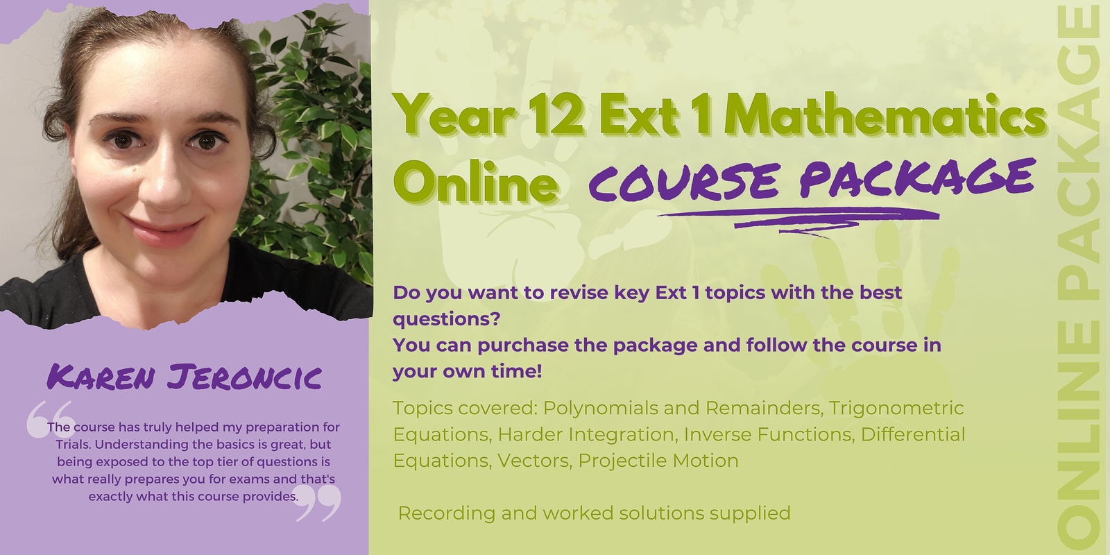 Banner image for Year 12 Extension 1 Mathematics Package covering Polynomials, Trig Equations, Inverse Functions, Vectors, Differential Equations and Projectiles