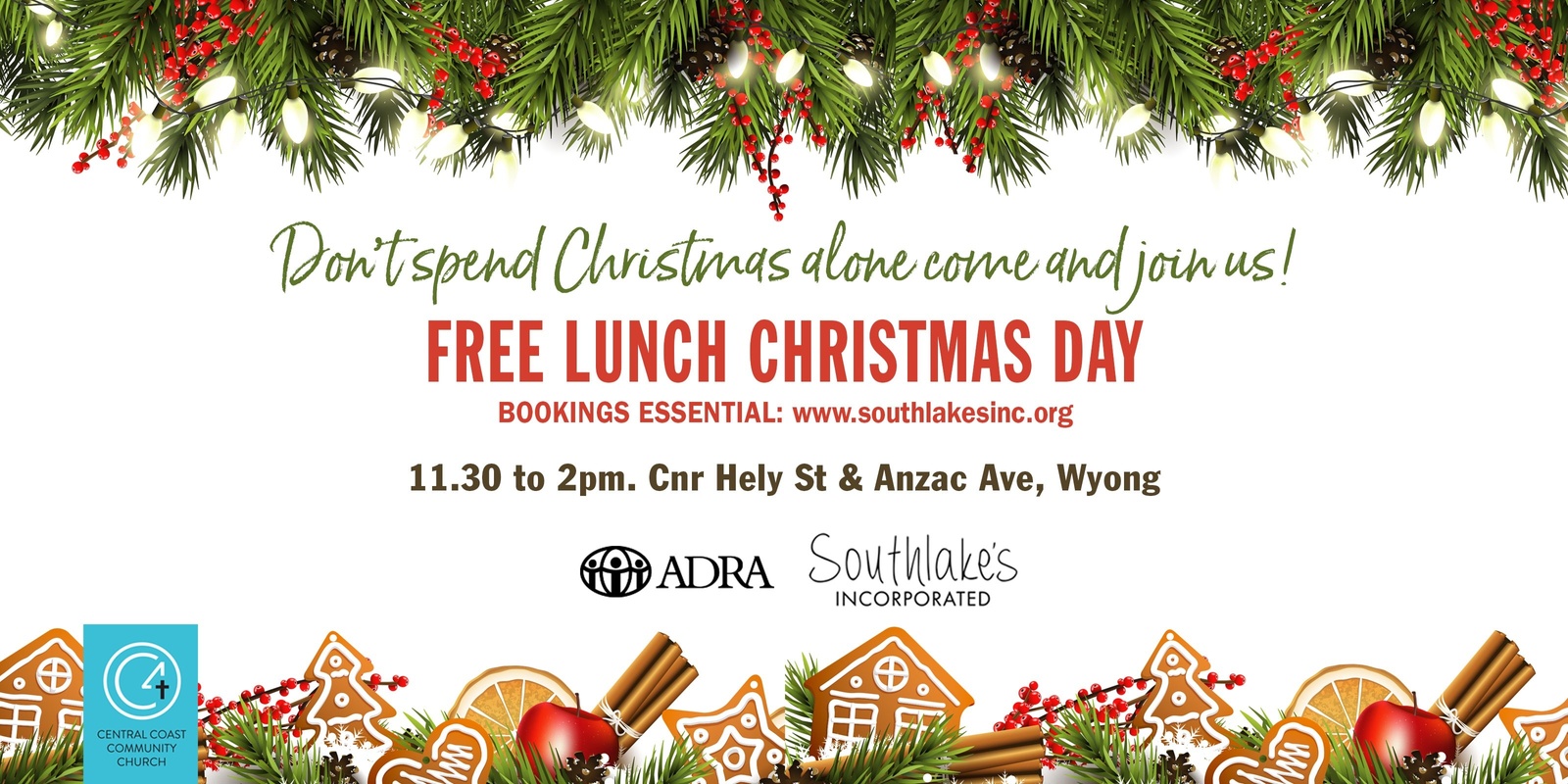 Banner image for Spending Christmas Day Alone? You Don’t Have To!  🎄 Join us for a Free Christmas Lunch - Southlake's Inc and Central Coast Community Church