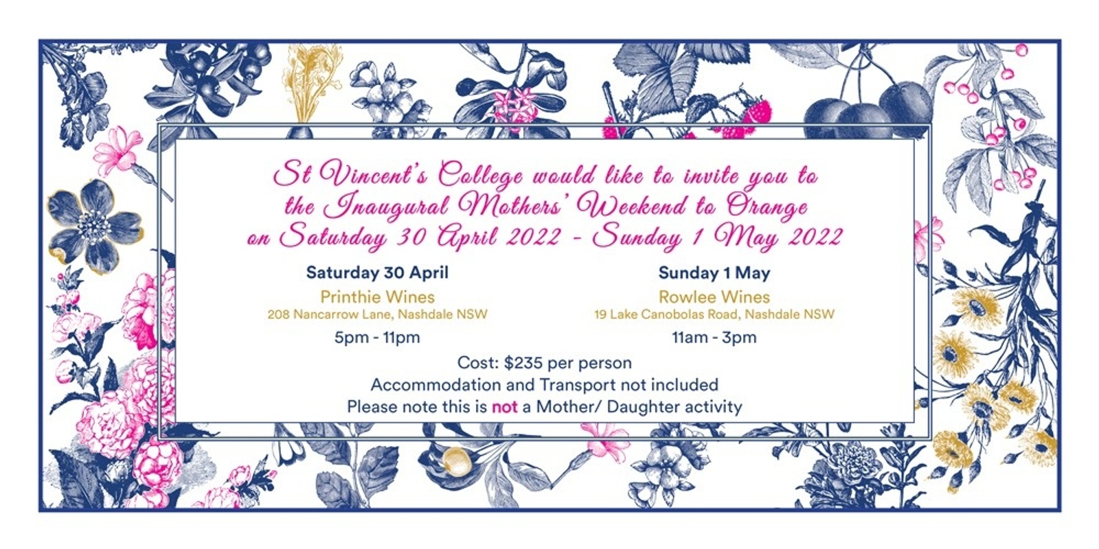 Banner image for Inaugural Mothers' Weekend to Orange