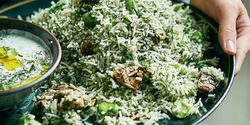 Banner image for Story Festival 2023: Traditional Iraqi green rice with jajeek sauce. 