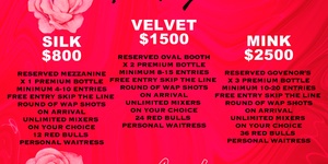 VELVET VIP PACKAGE $1500 (DEPOSIT)