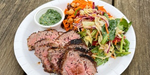  FIRE STATION | Charcoal Roasted Lamb - whole tasmanian lamb roasted over an open fire, sliced and served with a vibrant herb sauce & two salads (GD/DF)