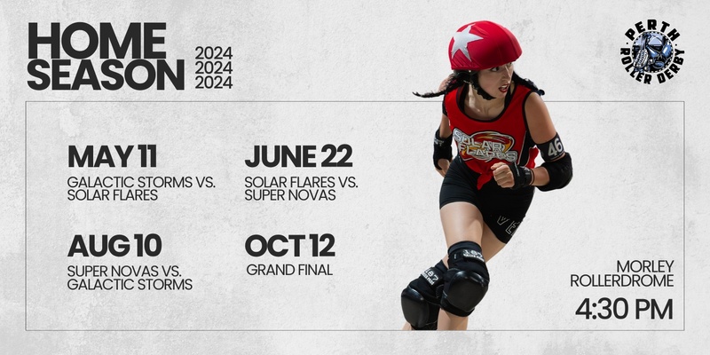 Perth Roller Derby 2024 Home Season | Bout 1 Galactic Storms vs. Solar Flares