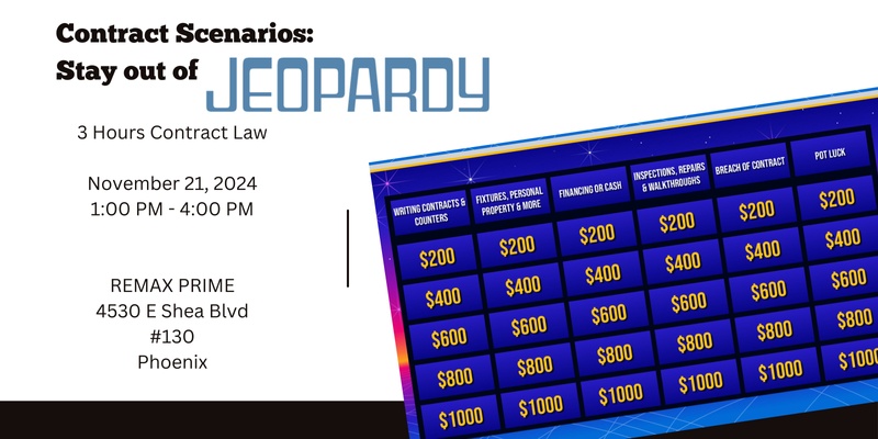 Contract Scenarios:  Stay out of Jeopardy  3 Hours Contract Law Nov 21, 2024. 1:00PM