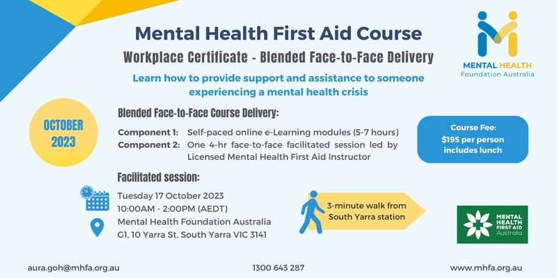Blended Face-to-Face Mental Health First Aid course (Workplace Certificate) - October 2023