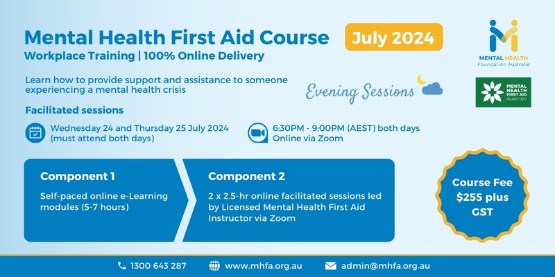 (SOLD OUT) Online Mental Health First Aid Course - July 2024 (3) (Evening sessions)