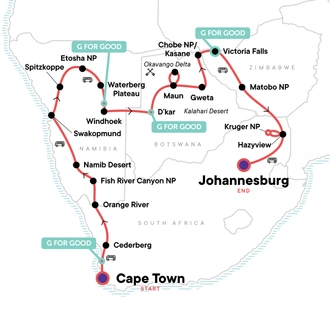 tourhub | G Adventures | Cape Town to Johannesburg Overland Safari | Tour Map