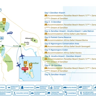 tourhub | Beach and Safari Holidays | A Perfect Blend of Zanzibar's Beaches and Tanzania's Wildlife | Tour Map