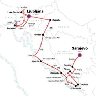 tourhub | G Adventures | Classic Balkans:  Ljubljana to Sarajevo | Tour Map