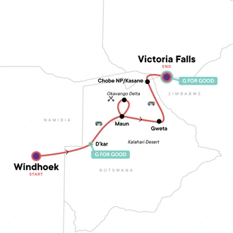 tourhub | G Adventures | Namibia to Victoria Falls Overland Safari | Tour Map