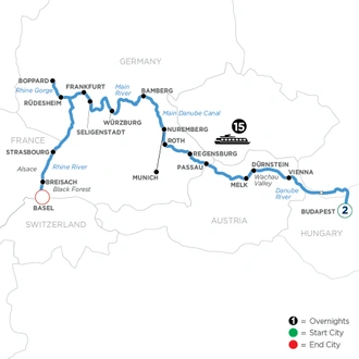 tourhub | Avalon Waterways | Enchanted Europe with 2 Nights in Budapest (Westbound) (Tranquility II) | Tour Map