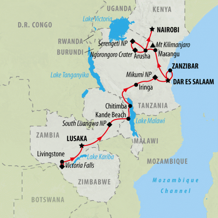 tourhub | On The Go Tours | Zambia to Nairobi - 21 days | Tour Map