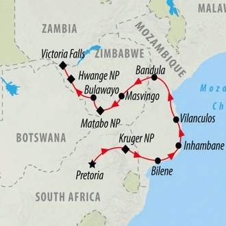 tourhub | On The Go Tours | Mozambique & Zimbabwe Discovery - 14 Days | Tour Map