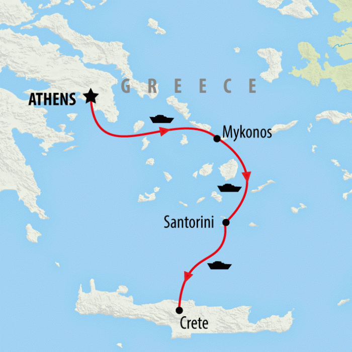 tourhub | On The Go Tours | Athens to Mykonos, Santorini & Crete - 9 days | Tour Map