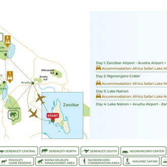 tourhub | Beach and Safari Holidays | From Zanzibar: 4 days safari and Breathtaking Lake Natron | Tour Map