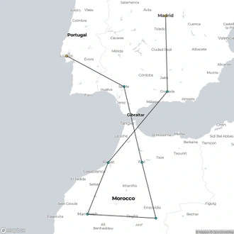 tourhub | Europamundo | Madrid, Andalusia, Morocco and Lisbon (without Alhambra) | Tour Map