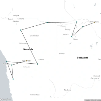 tourhub | Encounters Travel | Deserts & Delta Easter Family Overland (Windhoek to Victoria Falls) | Tour Map