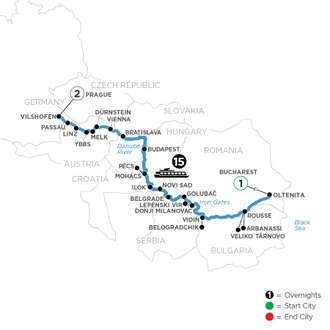 tourhub | Avalon Waterways | The Danube from Romania to Germany with 1 Night in Bucharest & 2 Nights in Prague (Passion) | Tour Map