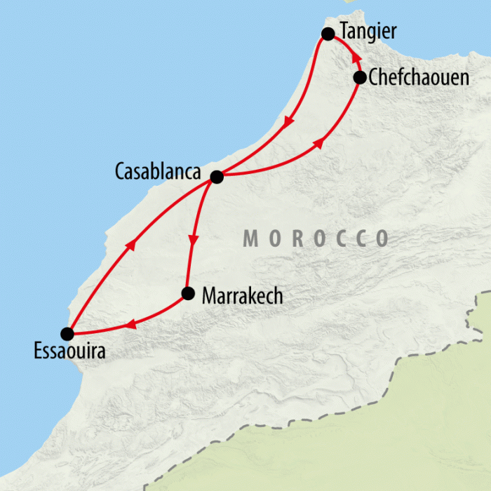 tourhub | On The Go Tours | Casablanca & Coast with Chefchaouen - 9 days | Tour Map