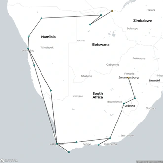 tourhub | Oasis Overland | Victoria Falls To Johannesburg (40 Days) Deserts & Gameparks | Tour Map