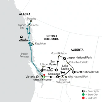 tourhub | Cosmos | Canadian Masterpiece with Rocky Mountaineer & Alaska Cruise | Tour Map