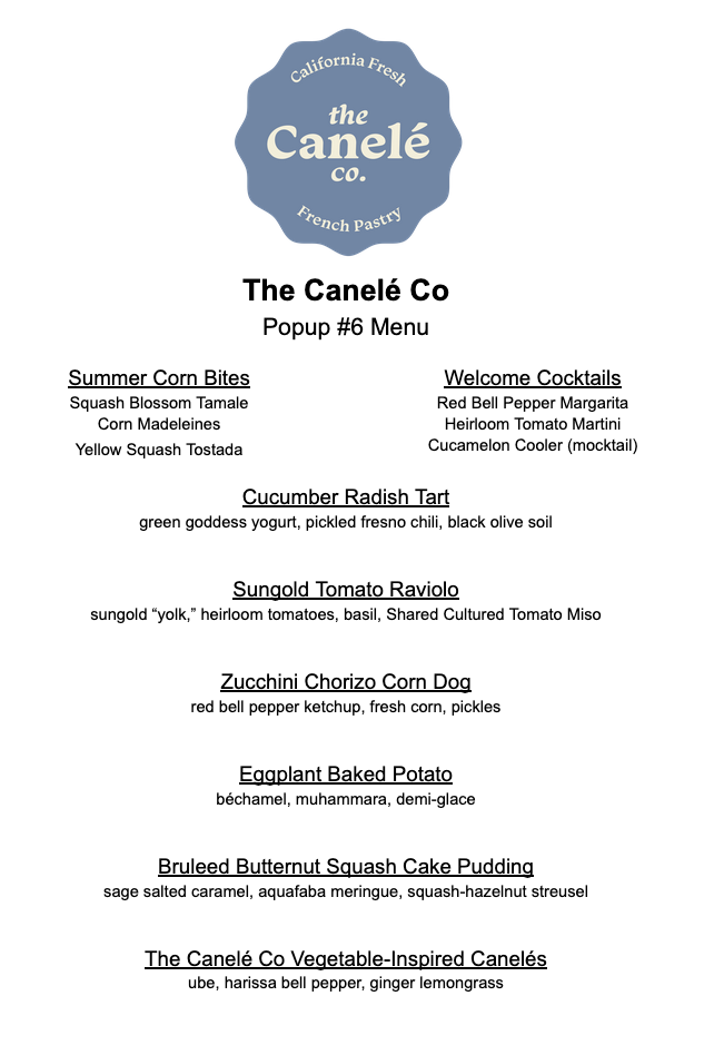 The Canele Co Popup#6 Menu