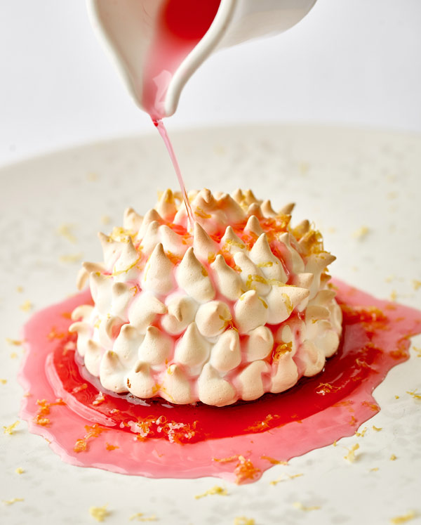 Baked Alaska, rhubarb, Cornish fairing, gin