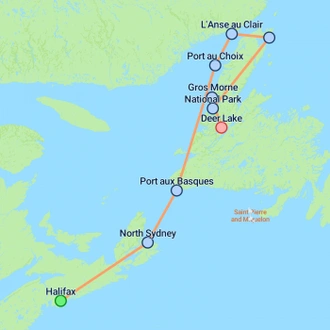 tourhub | On The Go Tours | Newfoundland Viking Trail From Halifax (Small Group) - 8 days | Tour Map