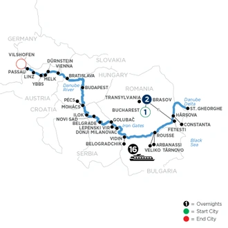 tourhub | Avalon Waterways | The Danube from Romania to Germany with 2 Nights in Transylvania (Passion) | Tour Map