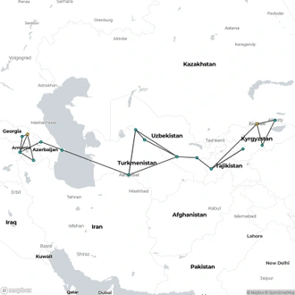 tourhub | Oasis Overland | Tbilisi To Bishkek (59 Days) Caucasus To Kyrgyzstan | Tour Map